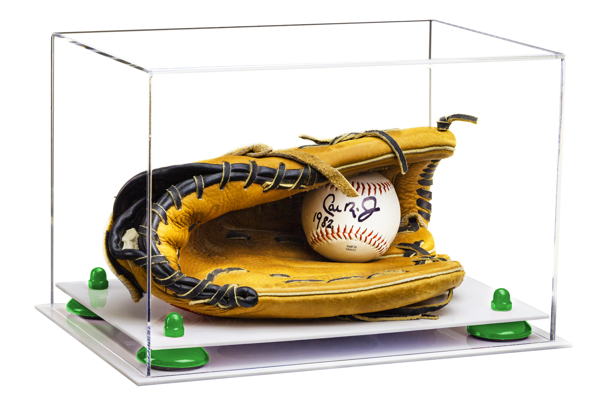 Deluxe Clear Acrylic Baseball Glove Display Case with Green Risers and