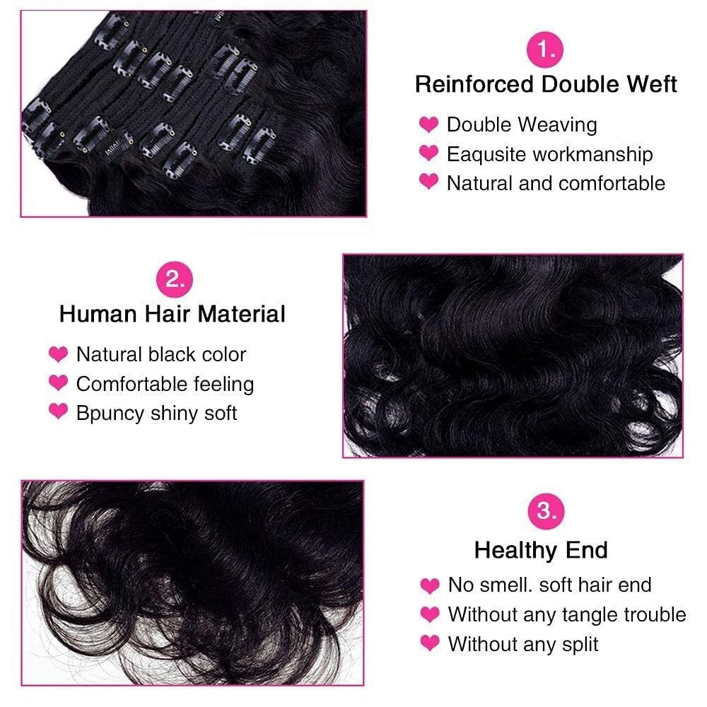 Body Wave Clip In Hair Extensions Extensions Natural Black Color Full Head Brazilian Remy Hair Clip in Hair Extensions 8Pcs with 18 Clips 120 Gram
