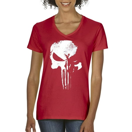 - New Way 687 - Women's V-Neck T-Shirt New Daredevil Punisher Skull Logo