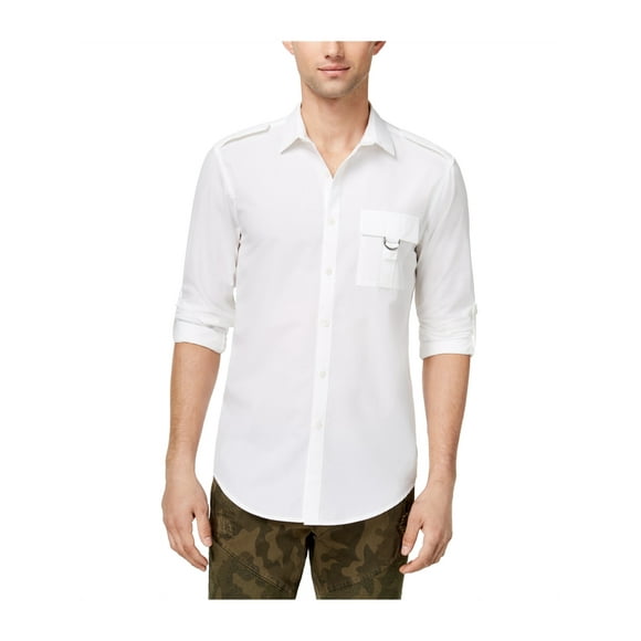 I-N-C Mens Solid Button Up Shirt whitepure S