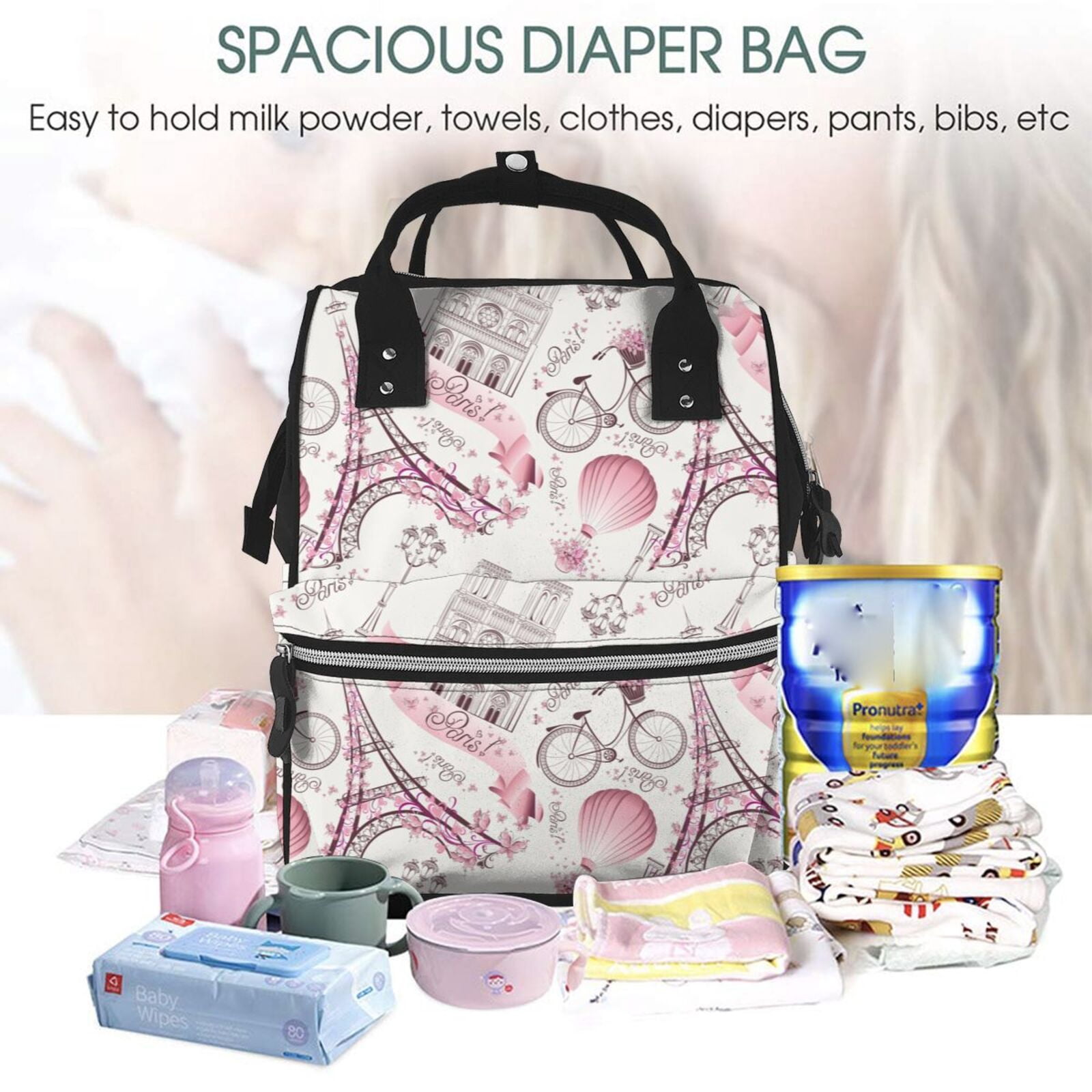Ratiio Romantic Travel In Paris Mummy Backpack - Waterproof Twill Canvas, Large Capacity Diaper Bag with Multiple Pockets and Adjustable Straps