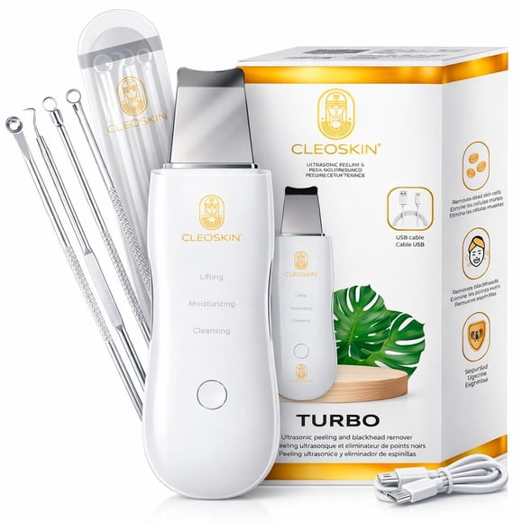 CLEOSKIN. Espátula Peeling Ultrasónico para remover espinillas y puntos negros. Incluye 2 fundas de silicona para limpieza facial y 4 agujas de acero para espinillas