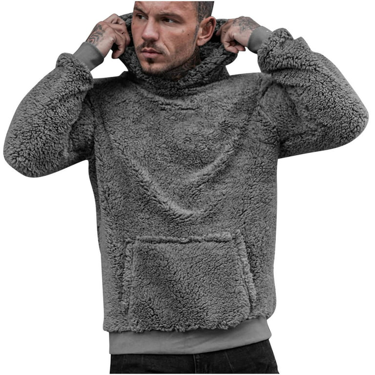 Mens Fleece Hoodies Pullover Teddy Fleece Hooded Jumper Hooded Sweater  Hoody Tops Plain Winter Warm Oversized Plush Fluffy Sweatshirt with Pocket  UK