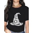 thumbnail image 1 of Halloween T-shirt - Women's Casual Crew Neck T-Shirt with Geometric Witch Hat Print, 100% Cotton Fabric, Regular Length Short Sleeve Top for All Seasons, for Halloween, Halloween Clothes, 1 of 6