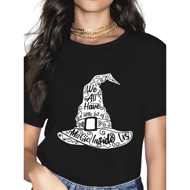Halloween T-shirt - Women's Casual Crew Neck T-Shirt with Geometric Witch Hat Print, 100% Cotton Fabric, Regular Length Short Sleeve Top for All Seasons, for Halloween, Halloween Clothes