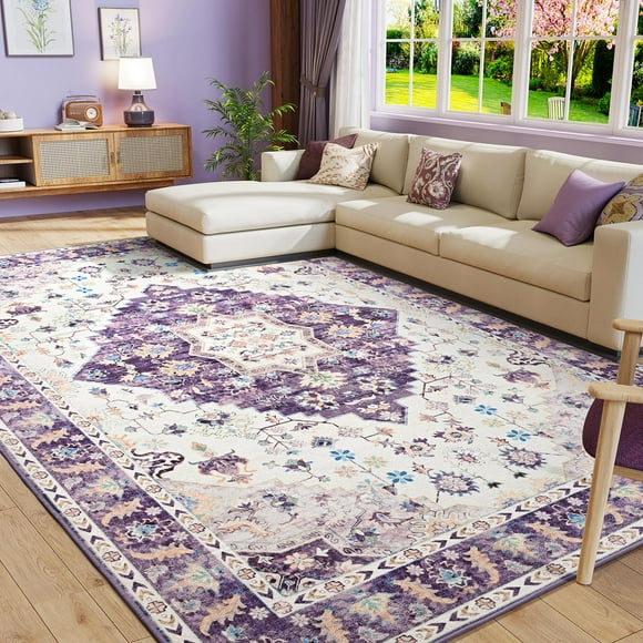 Amearea Vintage Design Area Rugs for Living Room, 5x8 Machine Washable Floral Collection Traditional Bedroom Rug, Low Pile Cute Kids Room Print Carpet, No Slip Office