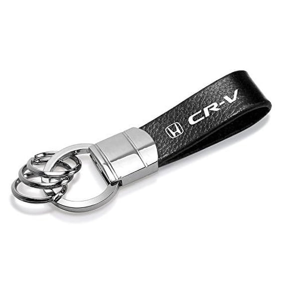 Honda CR-V Black Real Leather Strap Chrome Round Hook Metal Key Chain