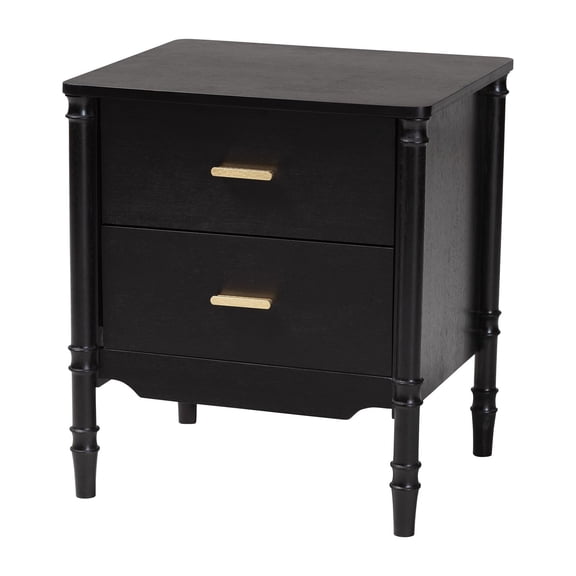 Baxton Studio Marisela Black Wood Nightstand with Gold Handles - 2-Drawer Table
