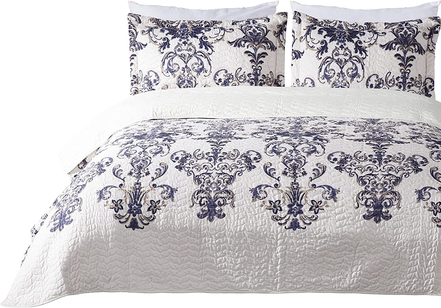 Chezmoi Collection Chloris 3-Piece Pre-Washed Medallion Quilt Set, Printed Floral Microfiber Navy Blue Taupe Light Ivory Bedspread, Queen