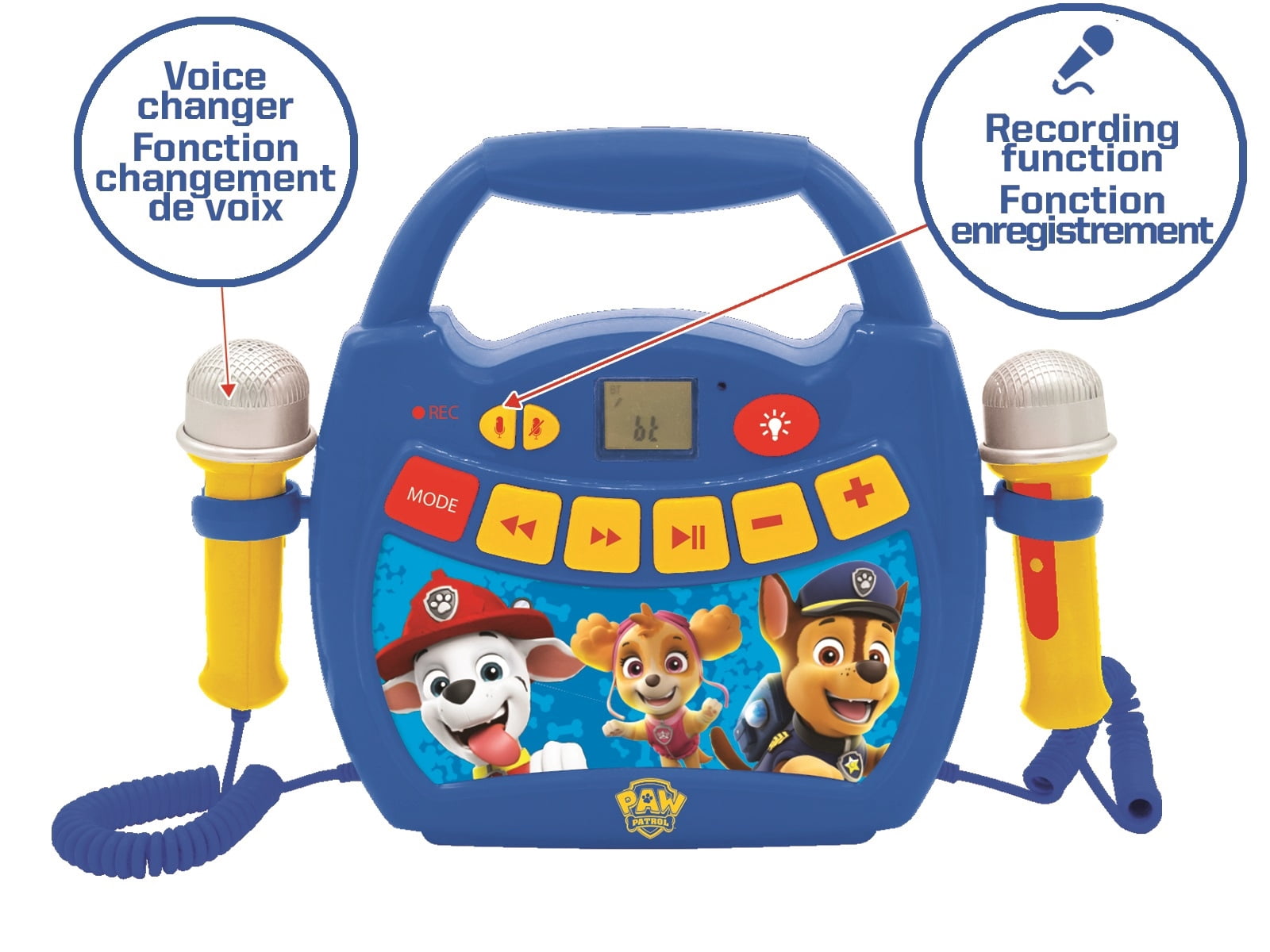 Lexibook Paw Patrol, Portable Karaoke digital player for kids – Microphones, Light effects, Bluetooth, Record and voice changer functions, Rechargeable battery, Blue/red