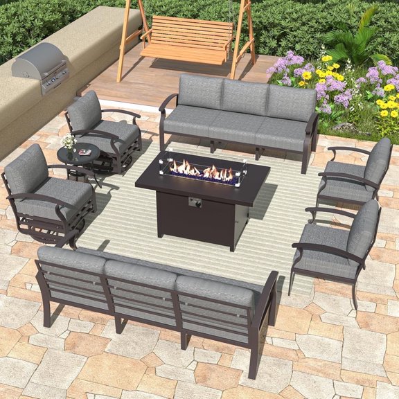 ALAULM Aluminum Patio Furniture Set with Propane Fire Pit Table 10-seat Metal Outdoor Furniture w/Fire Pit Patio Sectional w/5.1" Cushions for Patio, Backyard, Poolside-Grey