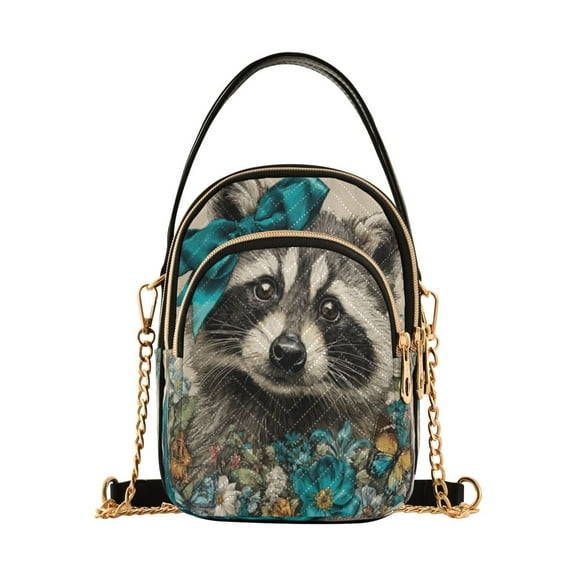 Leather Handbag Crossbody Bag Raccoon with A Blue Bow