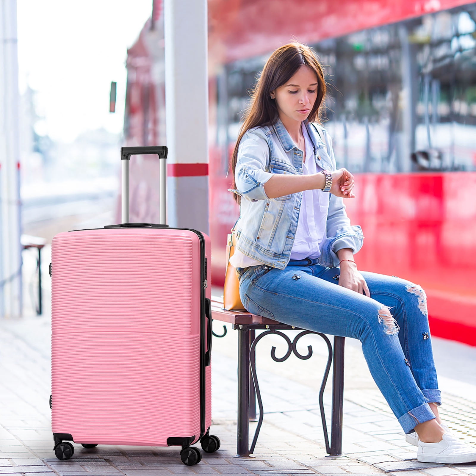 Hikolayae Hardside Spinner Luggage Sets in Pink, 3 Piece, TSA Lock