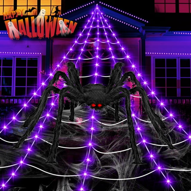 Decoraciones de Halloween al aire libre, 200 luces LED de tela de araña gigantes de Halloween, tela de araña iluminada de 16.4 pies para decoración de casa encantada en el patio