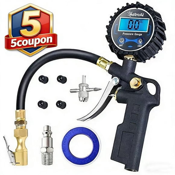 AstroAI Gonfleur de Pneus Numérique avec Manomètre, Accessoires de Compresseur à Mandrin d'Air 250 PSI, Boyau en Caoutchouc Robuste, Raccord Rapide, Résolution d'Affichage 0,1, Noir, Cadeau pour Hommes