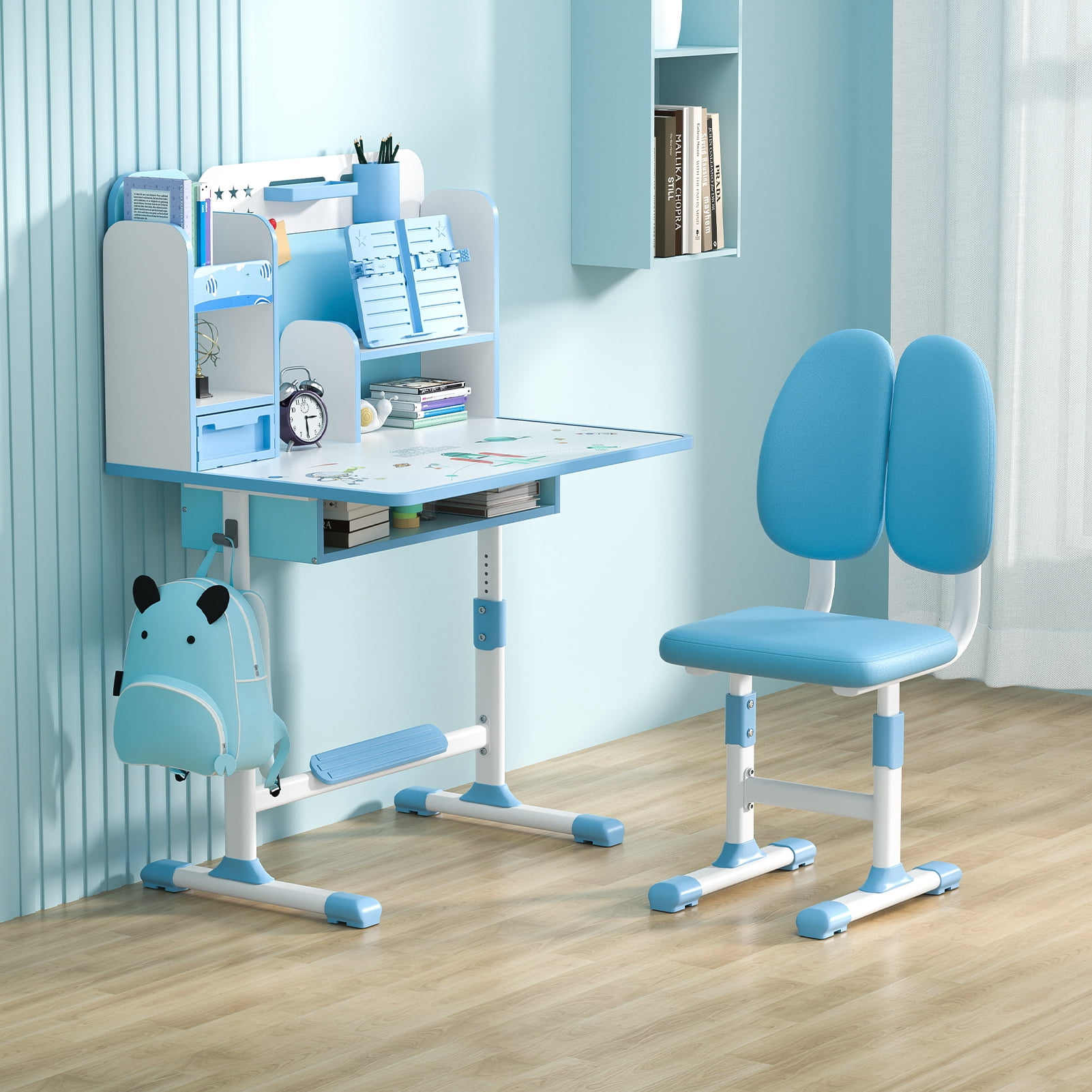 Aqyh Kids Desk and Chair Set, Height Adjustable Children School Study Table with Pen Holder, Reader, Drawer, Foot Pedal and Hook for Boys Girls (Blue)