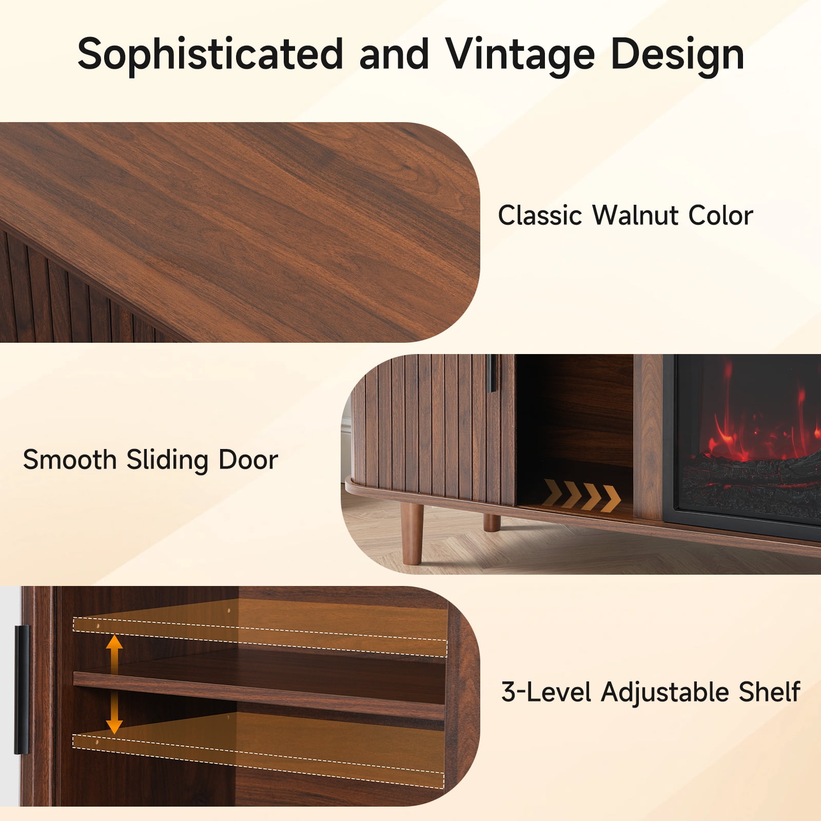 Dovov 70" Fireplace TV Stand for TVs Up to 80", Modern Fluted Entertainment Center Media Console Cabinet with 23" Electric Fireplace and Sliding Door, for Living Room, Walnut