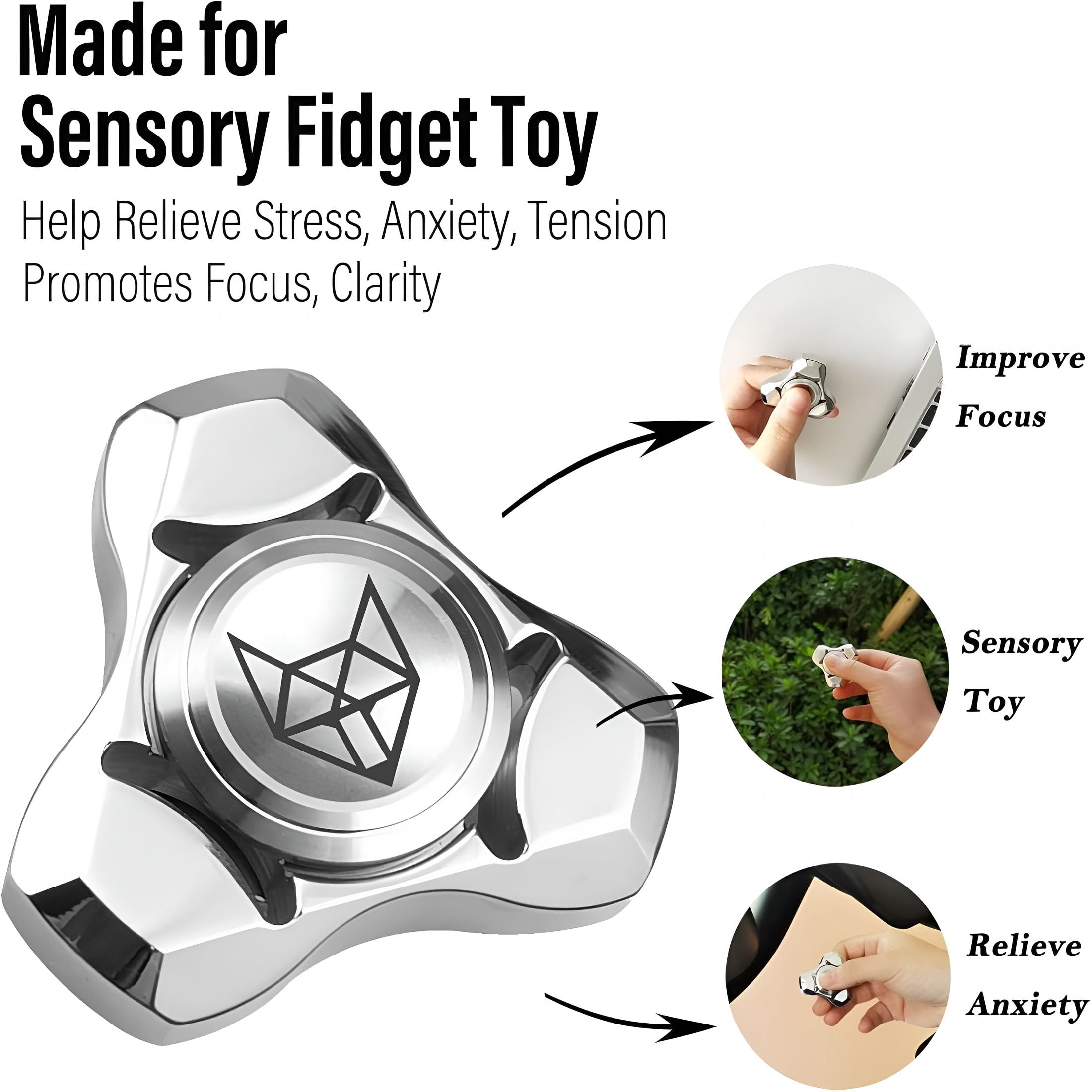 BESTSKY Metal Fidget Spinner for Adults,Stainless Steel Heavy Spinning Toys,Small Mini Fox Hand Gyro,Bearing Premium Long High Spin Fidget Block,Silver