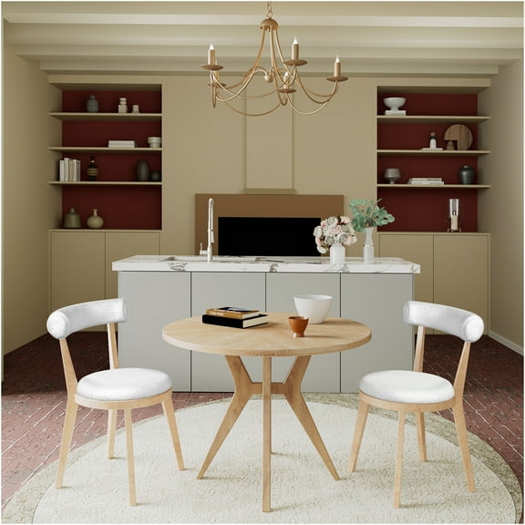 JERFIT Mid-Century Modern Round Dining Table Set with 2 Chairs, Intersecting Wood Base, Beige Fabric Upholstery, Oak Veneer Finish for Small Space
