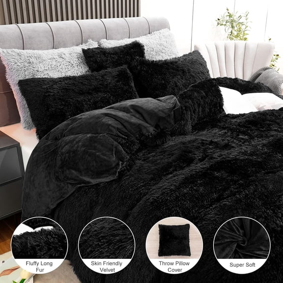 Fluffy Plush Black Duvet Cover Set, Luxury Ultra Soft Velvet Fuzzy Comforter Cover Bed Sets 4Pcs(1 Faux Fur Duvet Cover 2 Pillow Cases 1 Pillow Cover) Zipper Closure (Twin, Black)