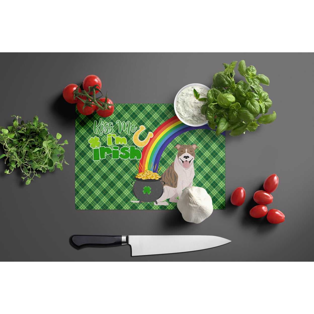 Fawn Brindle Pit Bull Terrier St. Patrick's Day Glass Cutting Board Large 12 in x 15 in