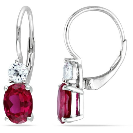 4-5/8 Carat T.G.W. Oval and Round-Cut Created Ruby and Created White Sapphire Sterling Silver Leverback Earrings