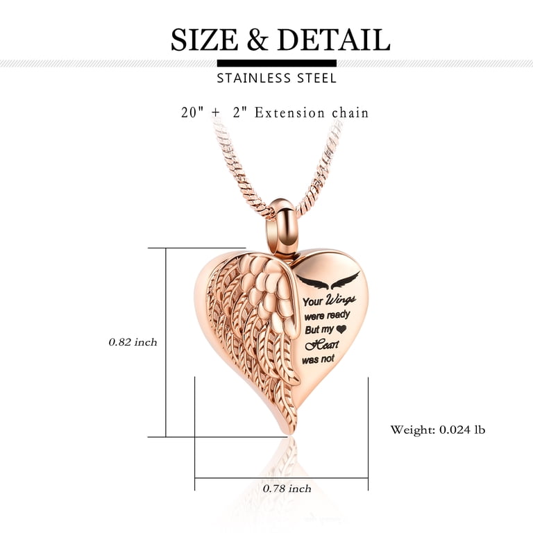Angel Wing Heart Urn Necklace - Stainless Steel Cremation Jewelry For Ashes, Memorial Keepsake