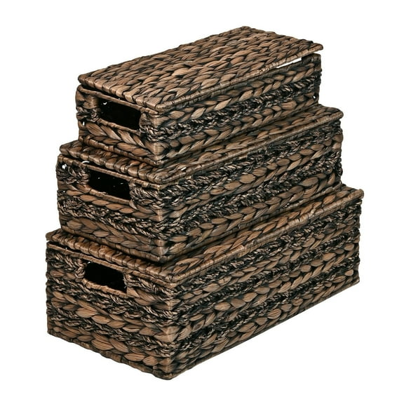 happimess BSK2000B-3SET Sandrine Classic Farmhouse Handwoven Hyacinth Storage Baskets with Handles and Lids, Brown (Set of 3)