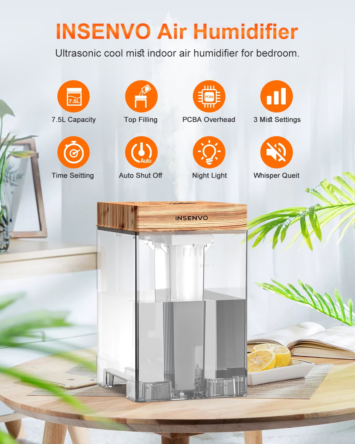 7.5L Humidifier with Anti-leak Design & Top Fill, Ultrasonic Cool Mist Air Humidifiers, Disassemble & Clean Easily, Auto Shut-off, Wood Pattern