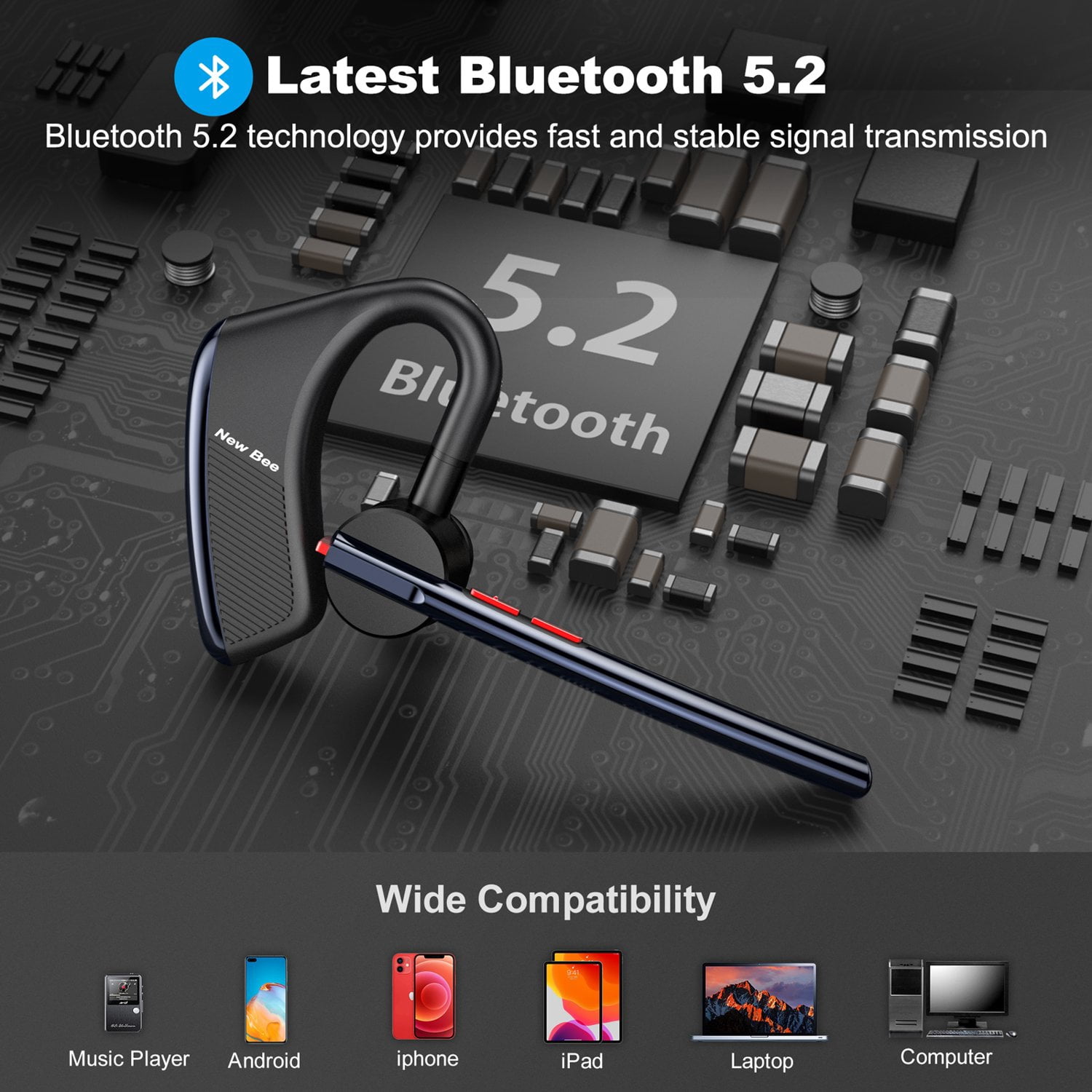 New bee Bluetooth Earpiece V5.2 Wireless Headset,24H Talk/180Days Standby,ENC Dual Mic Noise Cancelling,270°Rotatable Mic,Left/Right Ear Compatible for Work/Driver/Business/iPhone/Android,Dark Blue