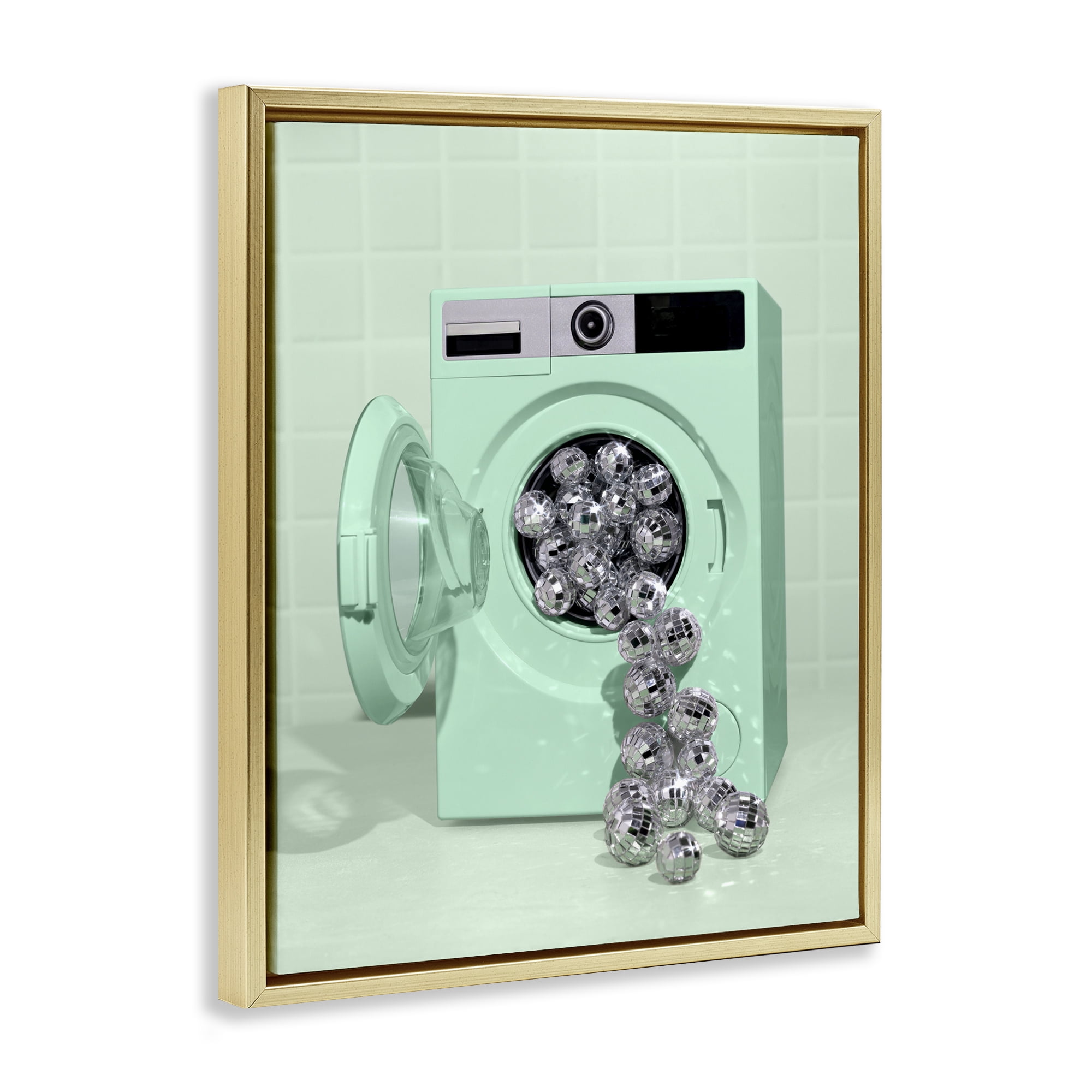Stupell Industries Disco Laundry Machine over Green Gold Framed Floater Canvas Wall Art, design by LISH Creative