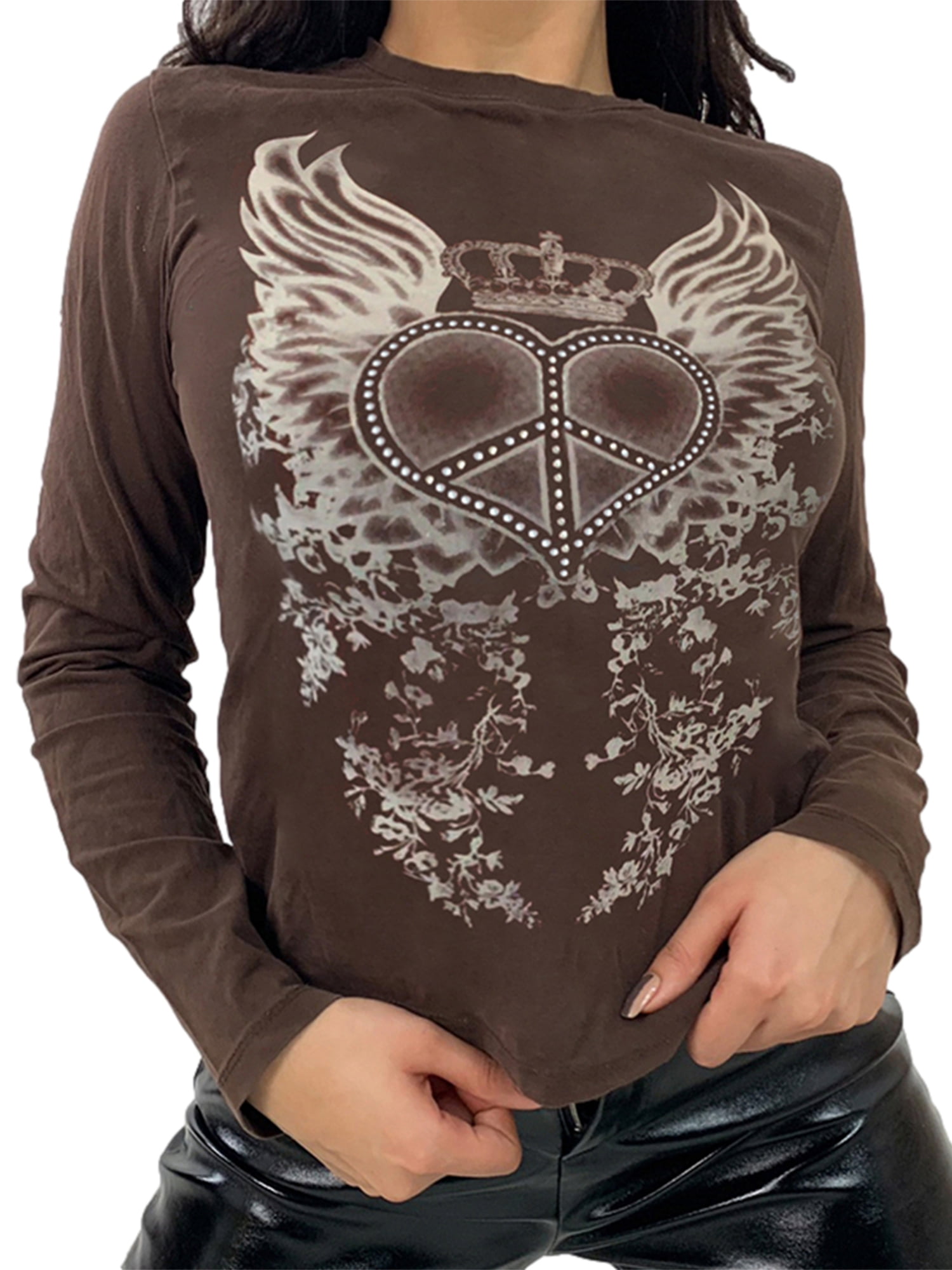 JYYYBF Women Y2K Vintage Graphic T-Shirt Ribbed V Neck Long Sleeve