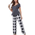 thumbnail image 1 of Conjunto de camisón informal para mujer, cuello en V, botones en la parte delantera, manga corta, cintura elástica, pantalones con cinturón de cuadros vichy, gris oscuro S, 1 of 8