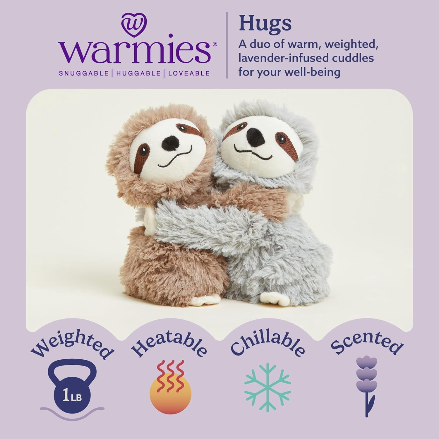 Warmies Hugs Duo 9" Sloth Stuffed Animal, Microwavable Heated Plushies and Weighted Soft Plush Toys