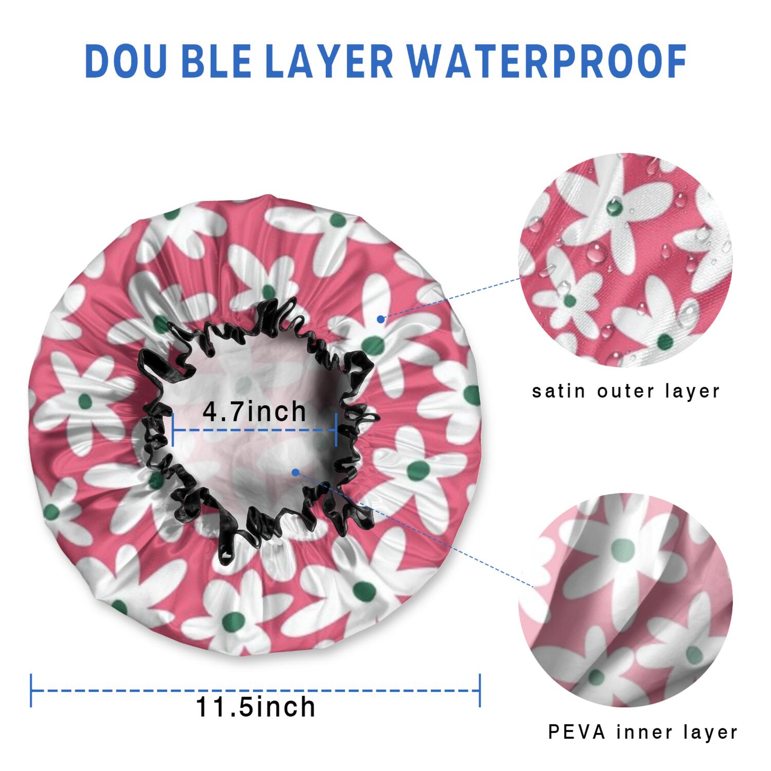 Shower Caps,Red Daisy Flower Green Centers Pattern Waterproof Shower Cap for Women 4 Pieces,Double Reusable Hair Cover for Shower PEVA Elastic Stretch Hem