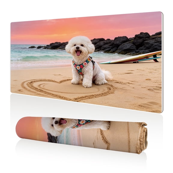 LIVEKEY Mouse Pad 80x40cm Extra Large Non Slip Stitched Durable Easy Clean Cute Dog Beach Heart Sand for Gaming Office