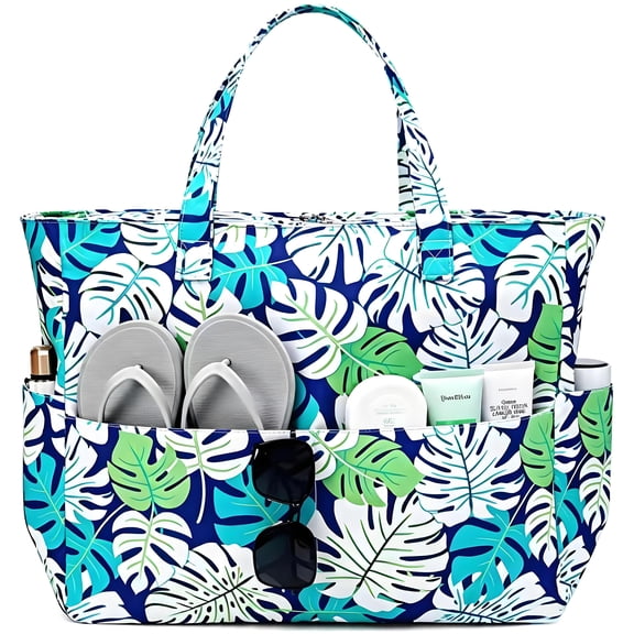 AlmosTen Women Beach Bags and Totes Waterproof,Extra Large 9-Pockets Foldable Beach Bags for Women Waterproof Sandproof Beach Tote Bag,Large Beach Bags with Zipper for Women,Green Leaf
