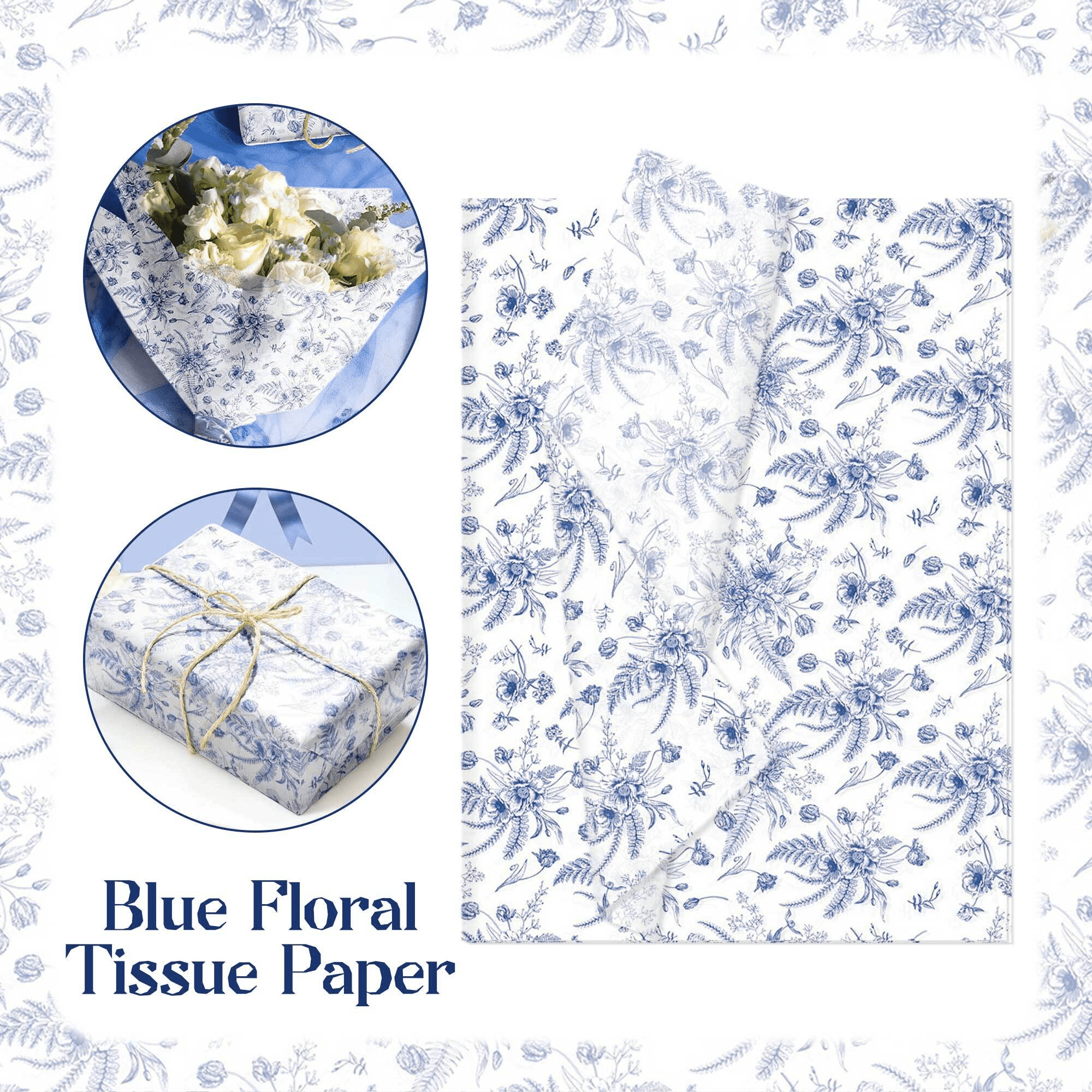 Blue and White Porcelain Patterned Tissue Paper - Chinese Elegance for Party Decor & Gift Wrapping, 50 Sheets