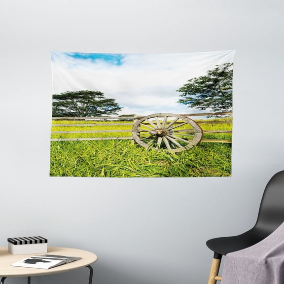 Barn Wood Wagon Wheel Tapestry, Fresh Green Meadow Ranching Fences Lush Growth Rural Landscape Trees, Wall Hanging for Bedroom Living Room Dorm Decor, 60W X 40L Inches, Multicolor, by Ambesonne