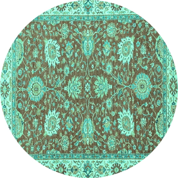 Ahgly Company Machine Washable Indoor Round Oriental Turquoise Blue Modern Area Rugs, 7' Round