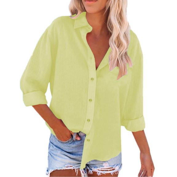 Oversized Tshirts Shirts for Women Linen Spring Summer Solid Color Shirt Long Sleeve Button Down Shirt Loose Fit Vacation Beach Workwear Tops Clothes Short Sleeve Women's Tops, Tees & Blouses
