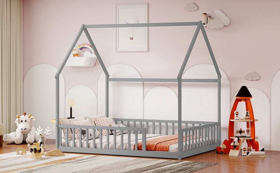Mintazer Full Size House Toddler Floor Bed with Guardrails, Kids Montessori Low Bed with Roof Frame for Bedroom Playroom, Gray