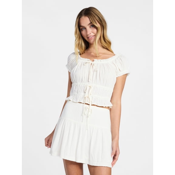 No Boundaries Puff Sleeve Peplum Top, Women’s XXS-XXL