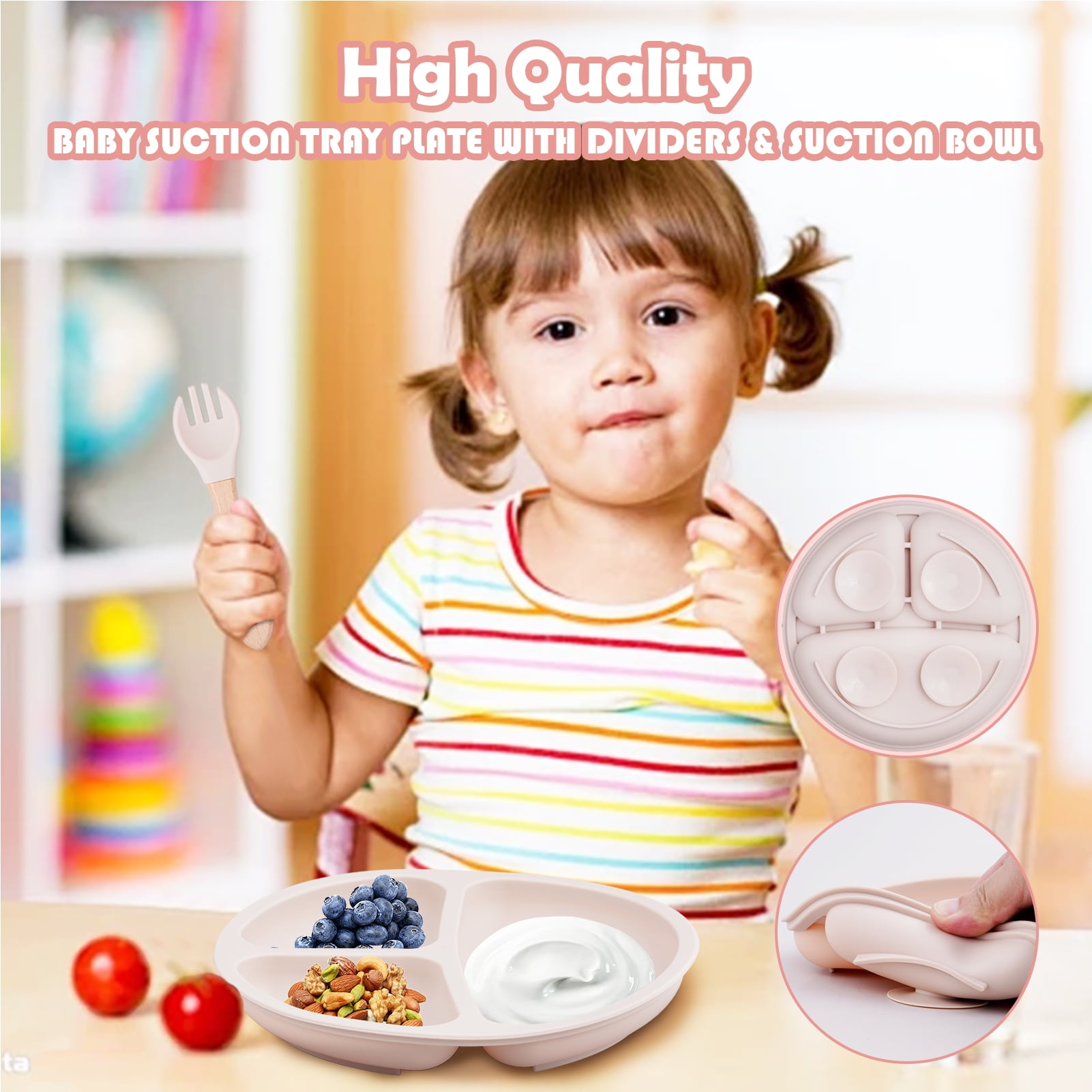 Lumikrypt Silicone Baby Feeding Set, 9 Pcs Baby Led Weaning Utensils, Baby Suction Bowl, Plates, Bib, Spoons Set, Sippy Cup with Straw, Baby Self Feeding Supplies Set (Beige)
