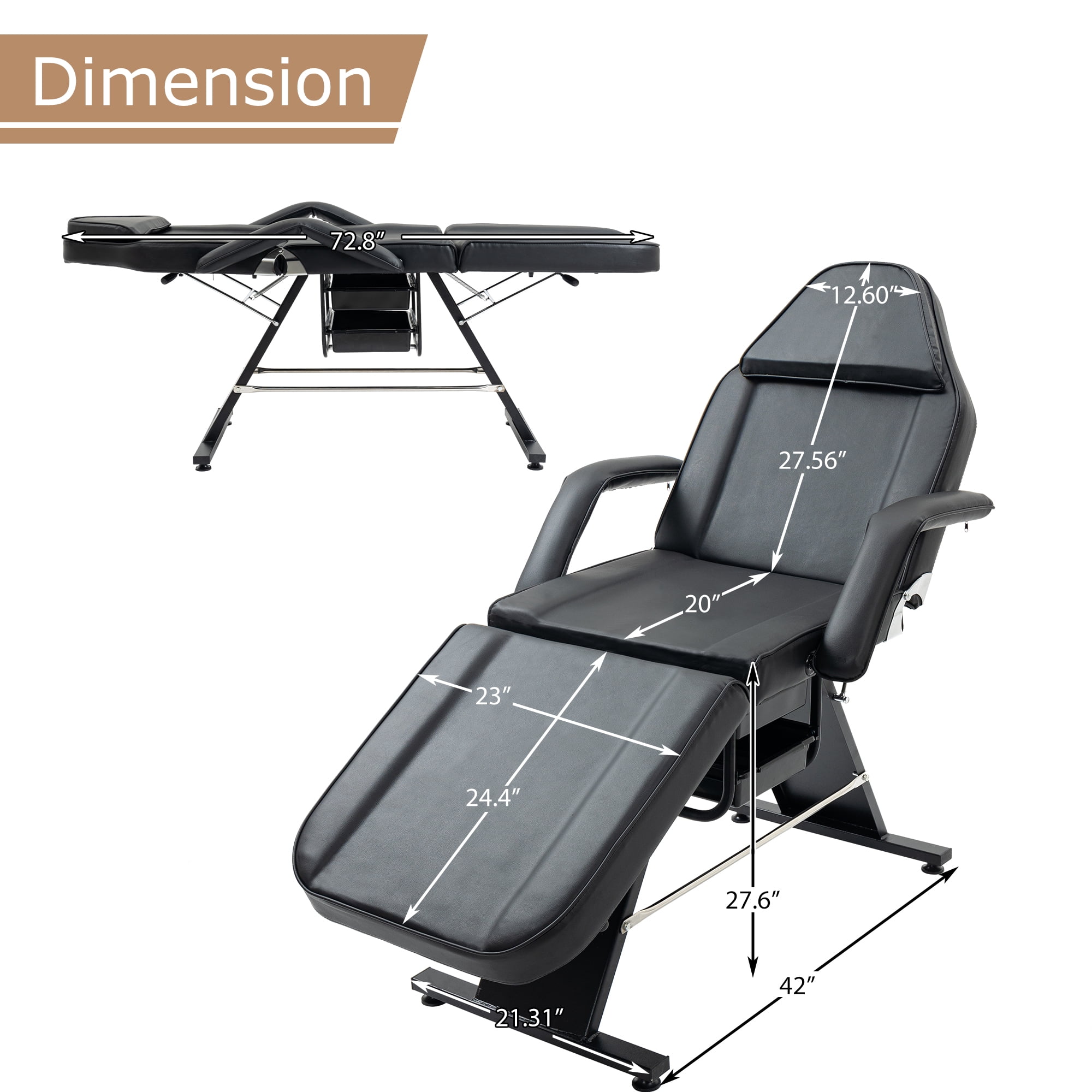 Miniyam 72.7" x 24.4" x 27.6" 3-in-1 Massage Bed & Tattoo Chair – 2 Trays, Hydraulic Stool, Adjustable 3 Sections – for Facial, Beauty, Barber – Black