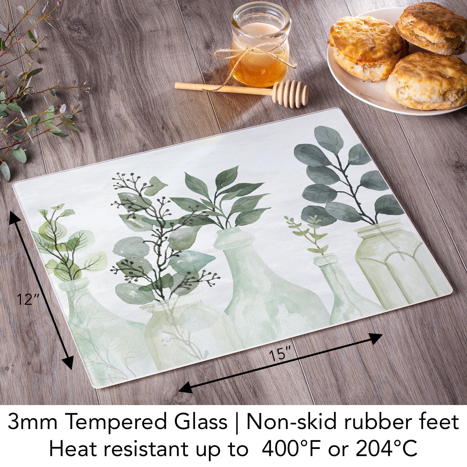 CounterArt Nature's Greenery 3mm Tempered Glass Cutting Board 15" by 12"