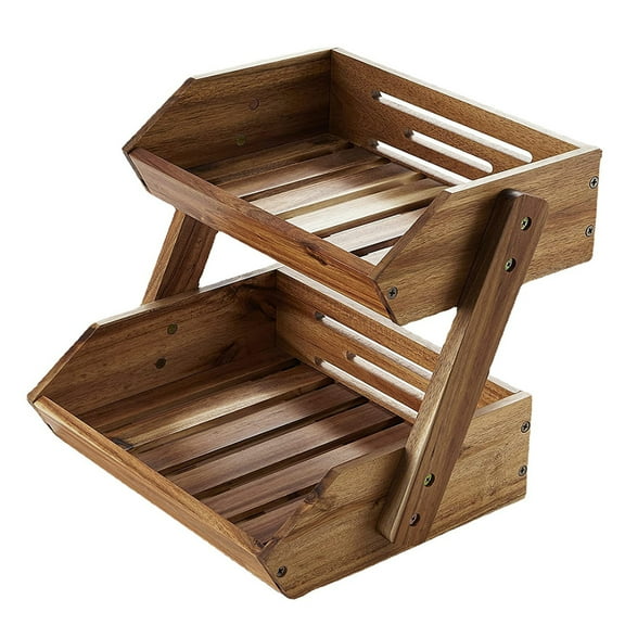 Aoresac Storage Basket for Kitchen 2 Tier Large Capacity Wooden Fruit Bowl for Fruit / Vegetables / Snacks / Bread / Produce