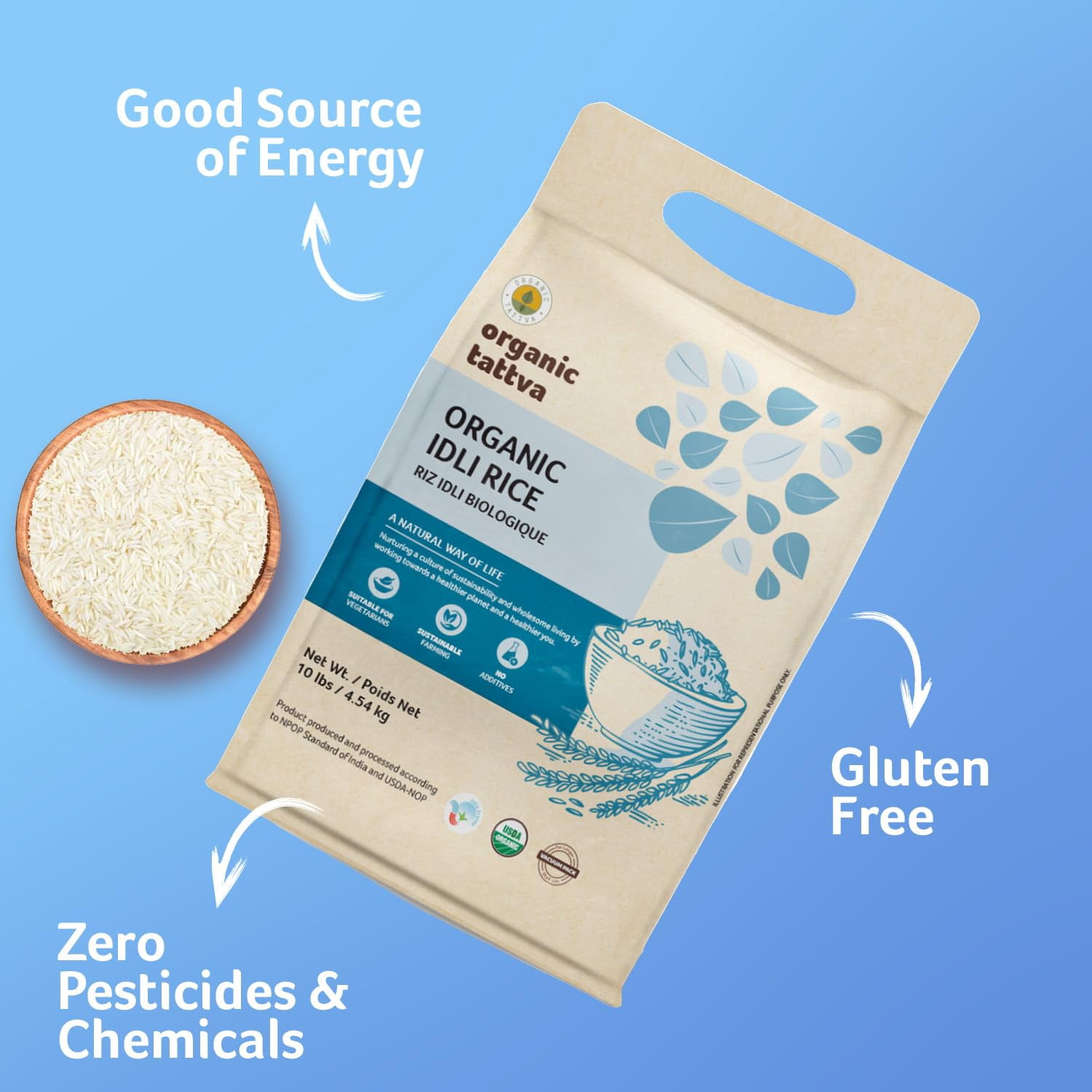 Organic Tattva Idli Rice 10LB, Short Grain Rice, Vegan, Kosher, Non GMO, No Additives, Gluten Free, USDA Certified