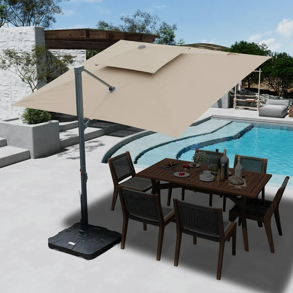 Boyel Living 10FT Cantilever Patio Umbrella with Base, 360°Rotation&Hand-Crank System Outdoor Offset Umbrella Double Top Cantilever Patio Umbrella for Garden Pool Backyard, Taupe