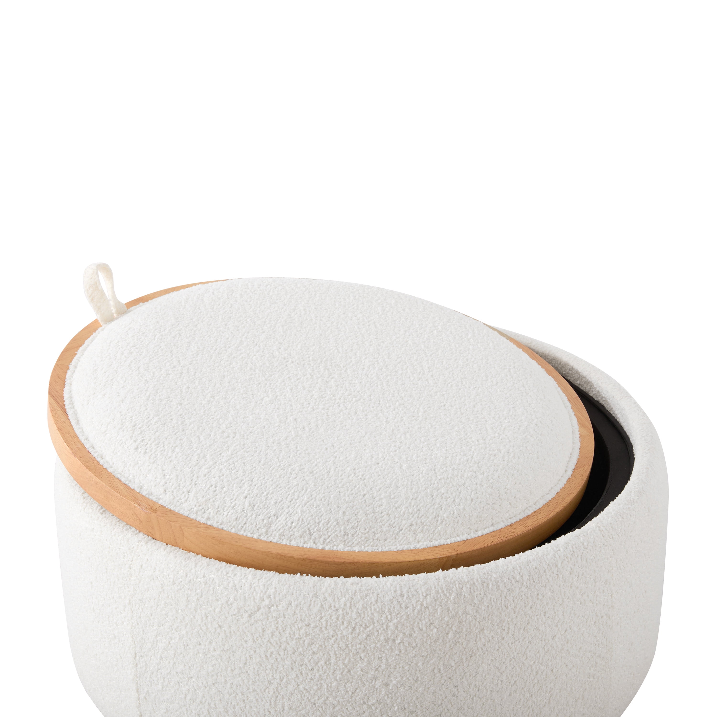 Ottoman, Coffee Table, Storage Ottoman, Round Stool with Dual-Sided Reversible Lid and Solid Wood Cylinder Base, Hidden Storage, Boucle Fabric, for Living Room, Beige